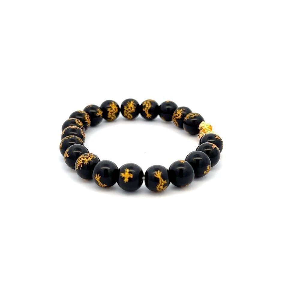 18K Gold Dragon Pixiu Piyao Lucky Charm Bracelet Gemstones Black Agate Dragon 7. - Picture 2 of 4